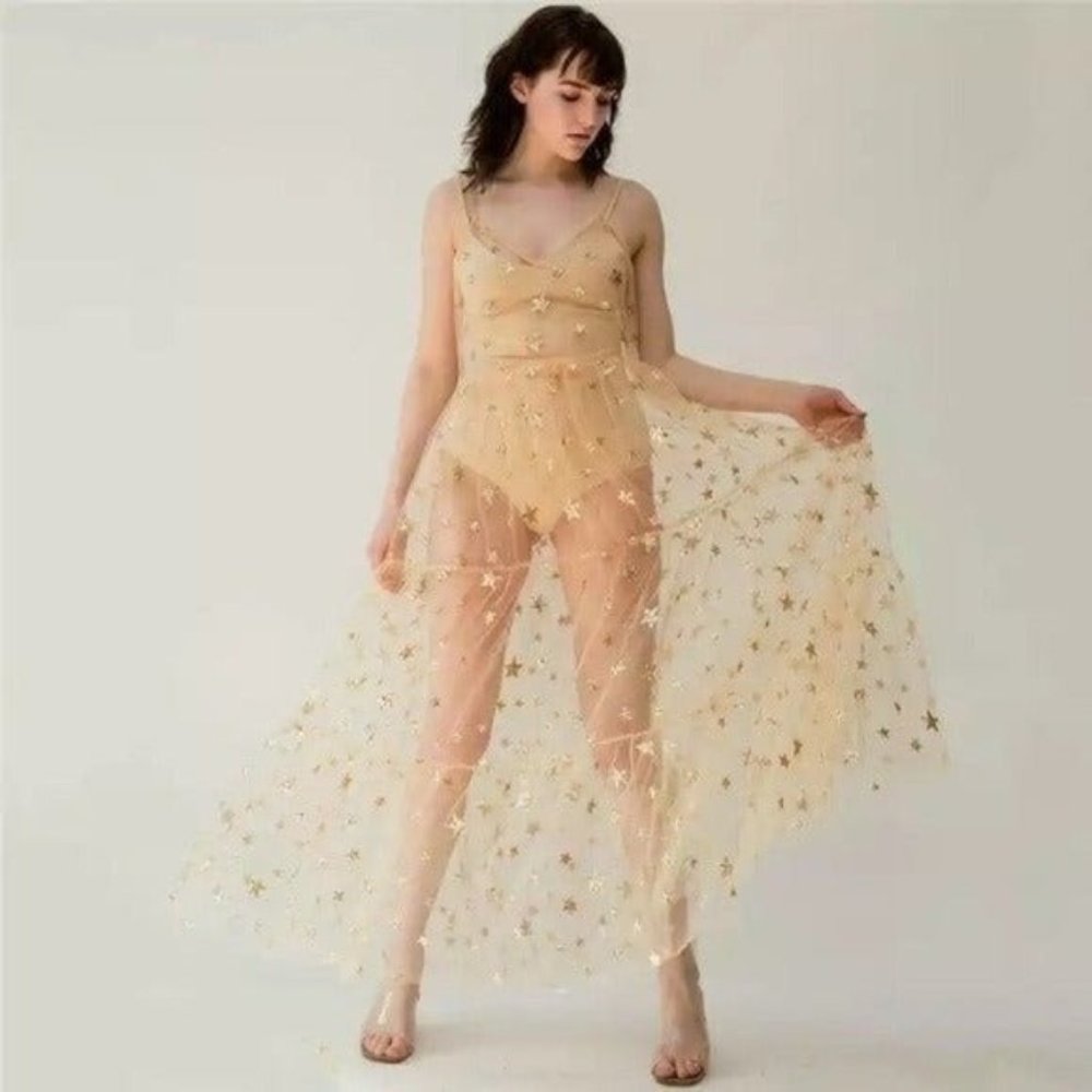 Gold stars sheer dress bohemian cover up boho y2k street